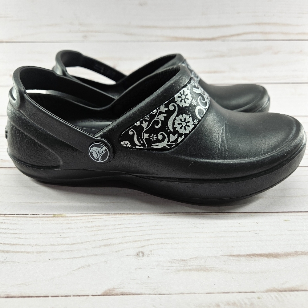 Crocs Mercy‎ Slip Resistant Work Clogs Womens Size 5 Black Silver Floral 10876 - Picture 8 of 12